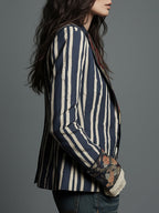 Blazer Bohème Rayé pour Femmes avec Imprimé Floral Vintage