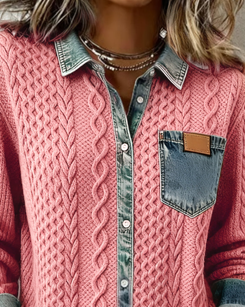 Chemise en maille torsadée avec détails denim pour femme chic et confortable