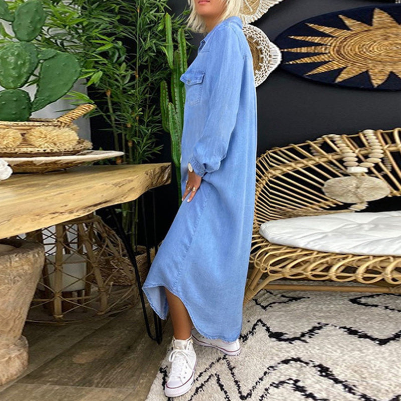 Robe Chemise Maxi Femme Effet Denim Coupe Fluide Tissu Léger Usage Quotidien