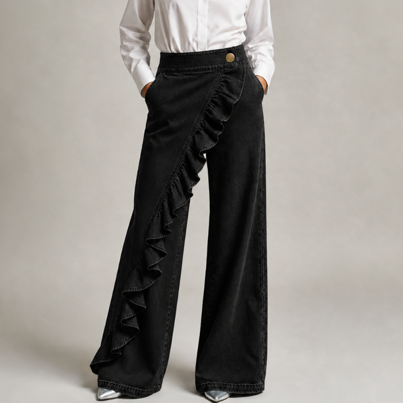 Pantalon Large en Denim pour Femmes avec Volants Asymétriques