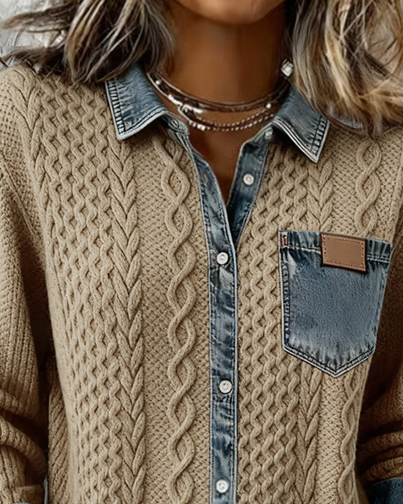 Chemise en maille torsadée avec détails denim pour femme chic et confortable