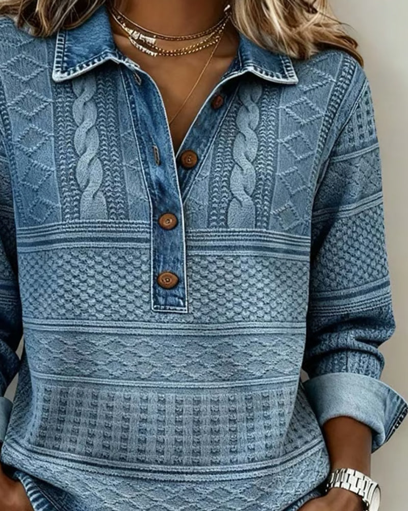 Haut en maille effet denim à col polo pour femme décontracté et élégant