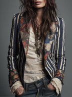 Blazer Bohème Rayé pour Femmes avec Imprimé Floral Vintage