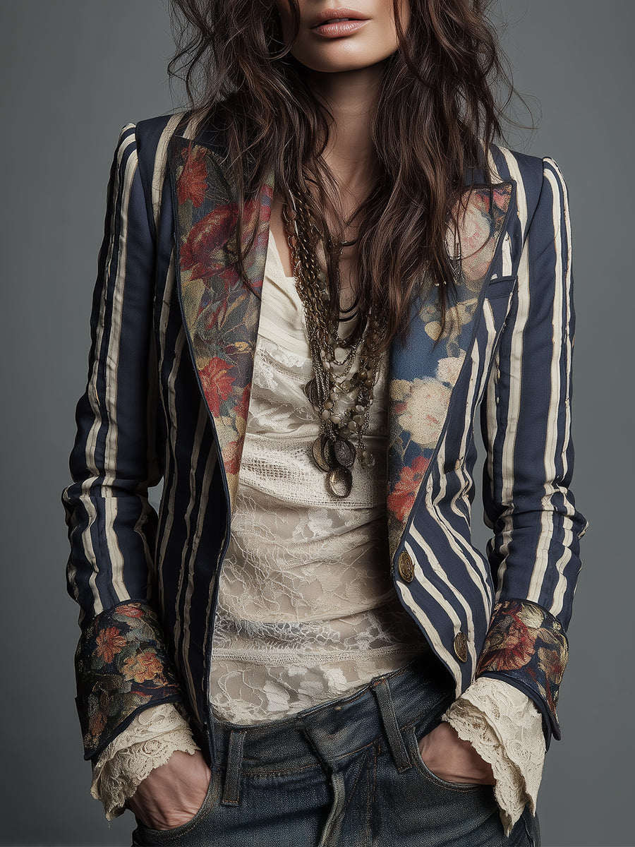 Blazer Bohème Rayé pour Femmes avec Imprimé Floral Vintage