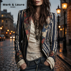 Blazer Bohème Rayé pour Femmes avec Imprimé Floral Vintage