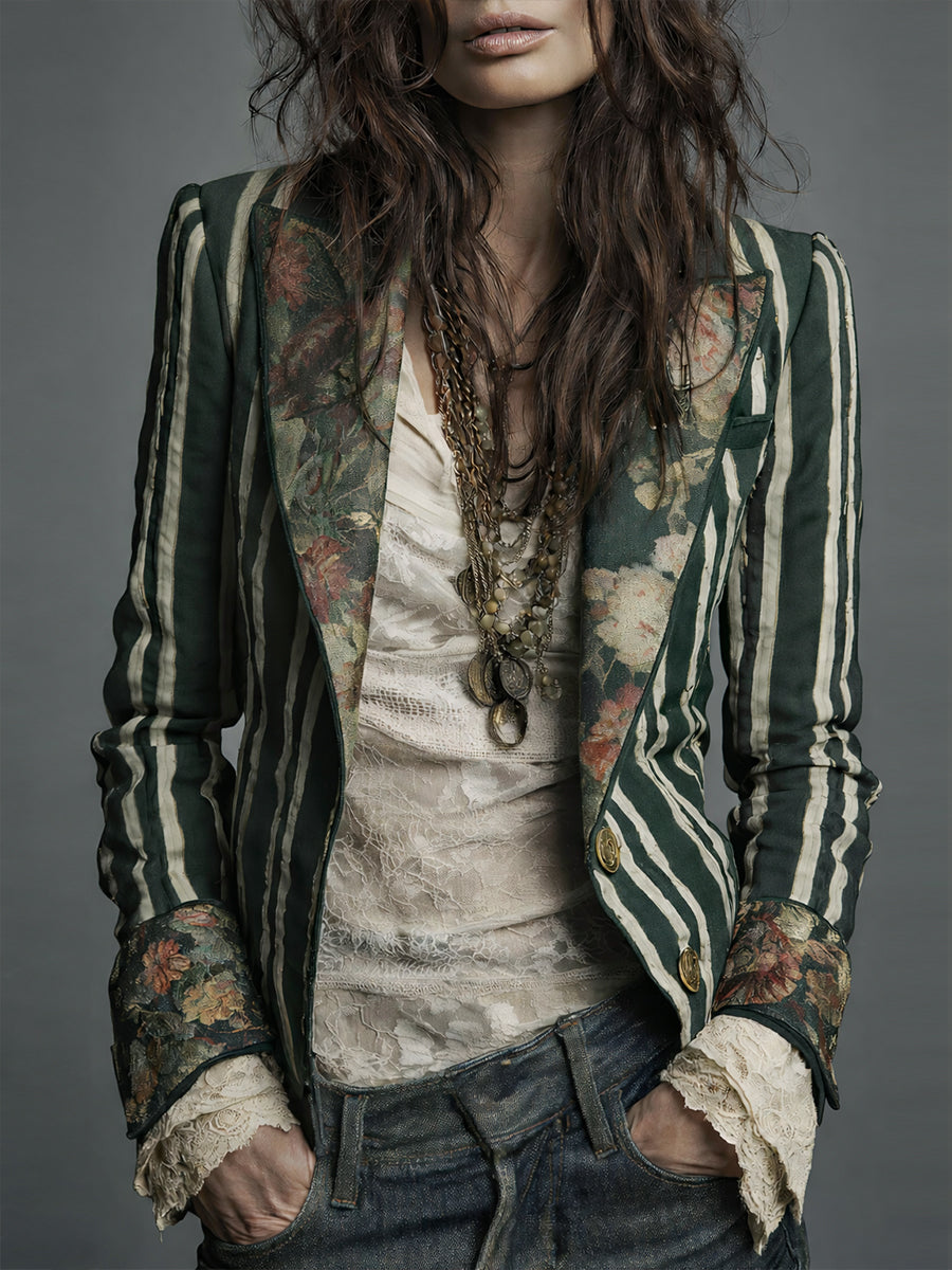 Blazer Bohème Rayé pour Femmes avec Imprimé Floral Vintage