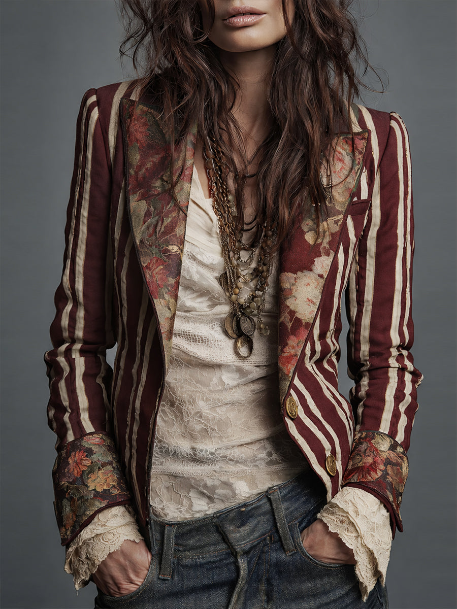 Blazer Bohème Rayé pour Femmes avec Imprimé Floral Vintage
