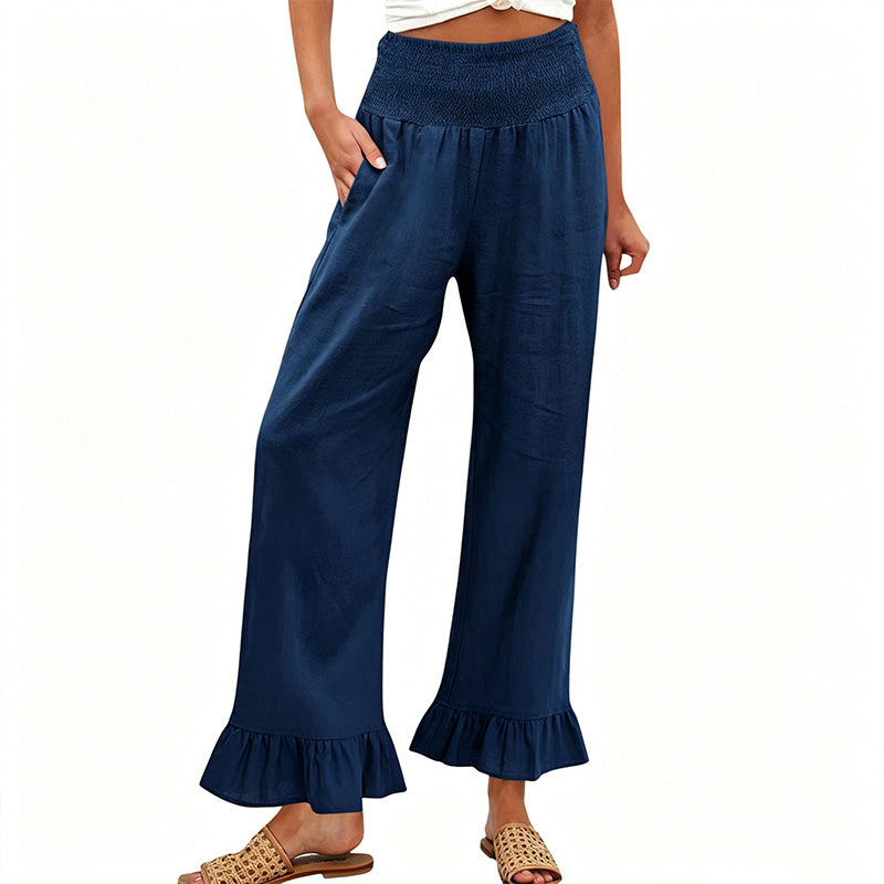 Pantalon Large Femme Taille Smock Coton Lin Volant Bas Boho