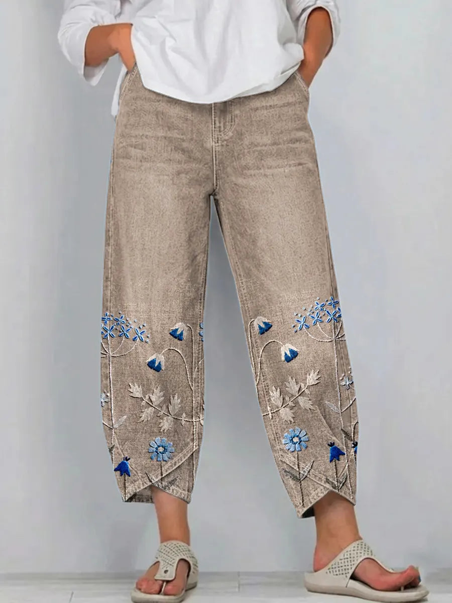 Pantalon Denim Femme Broderies Florales Bas Jambe Coupe Droite Boho