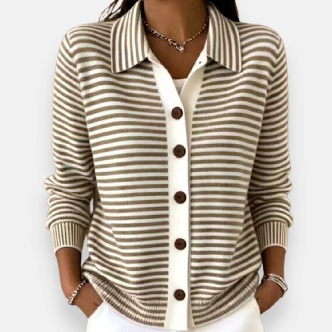 Cardigan femme rayé boutonné à col classique