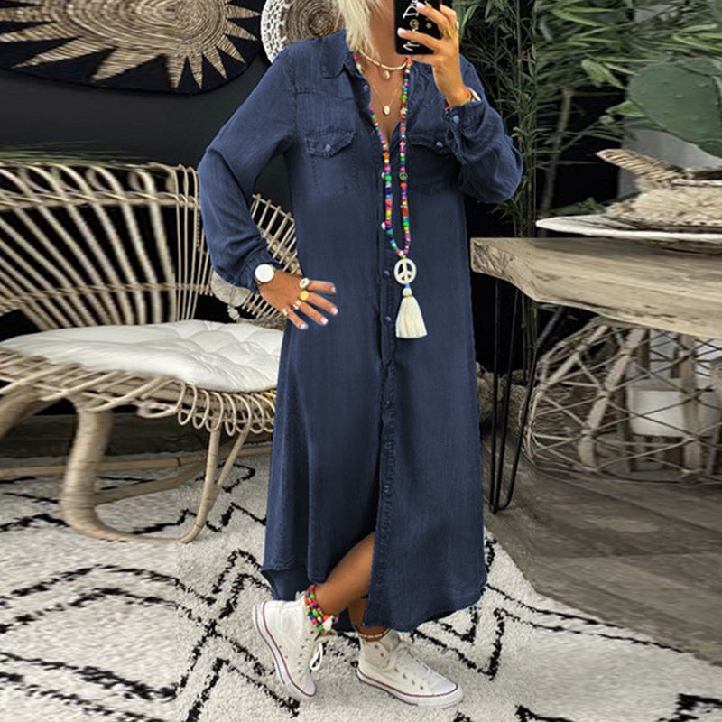 Robe Chemise Maxi Femme Effet Denim Coupe Fluide Tissu Léger Usage Quotidien