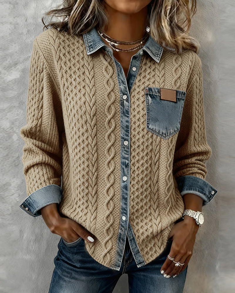 Chemise en maille torsadée avec détails denim pour femme chic et confortable