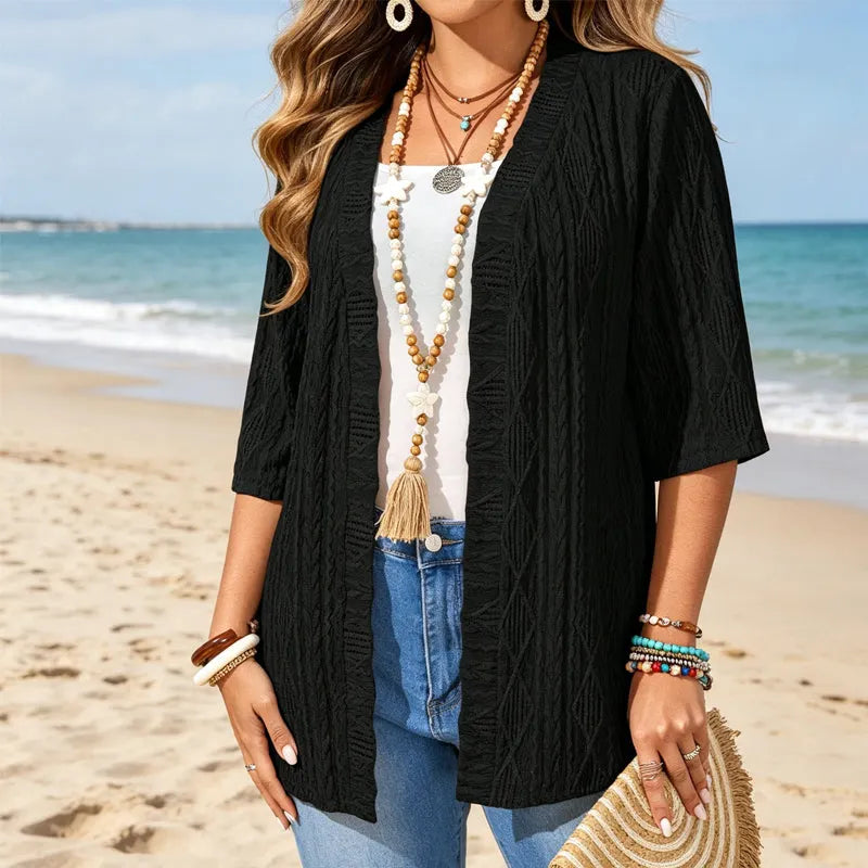 Cardigan femme ajouré ouvert à manches 3/4