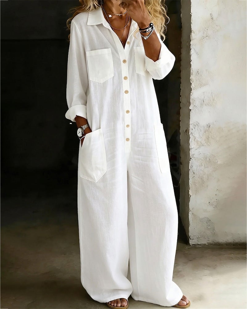Combinaison Femme Blanche Coton Coupe Ample Style Chemise Élégant