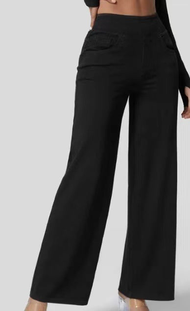 Jean Femme Taille Haute Jambe Large Denim Extensible Coupe Moderne