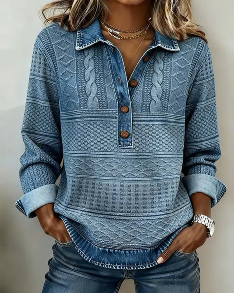 Haut en maille effet denim à col polo pour femme décontracté et élégant