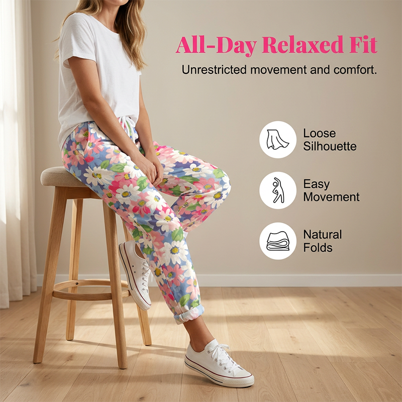 Pantalon femme fleuri avec taille ajustable et poches pratiques