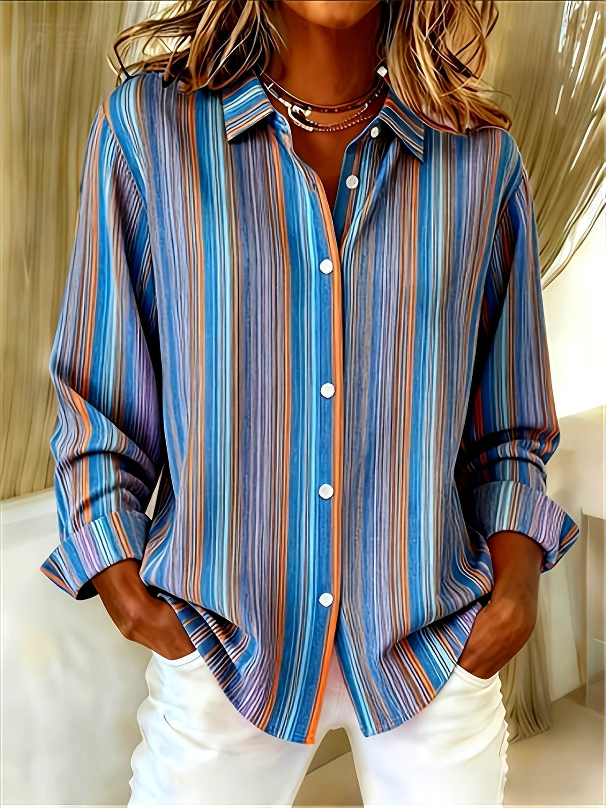 Chemise Femme Rayée Manches Longues Boutonnée Coupe Décontractée