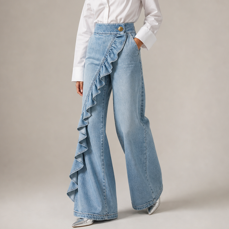 Pantalon Large en Denim pour Femmes avec Volants Asymétriques
