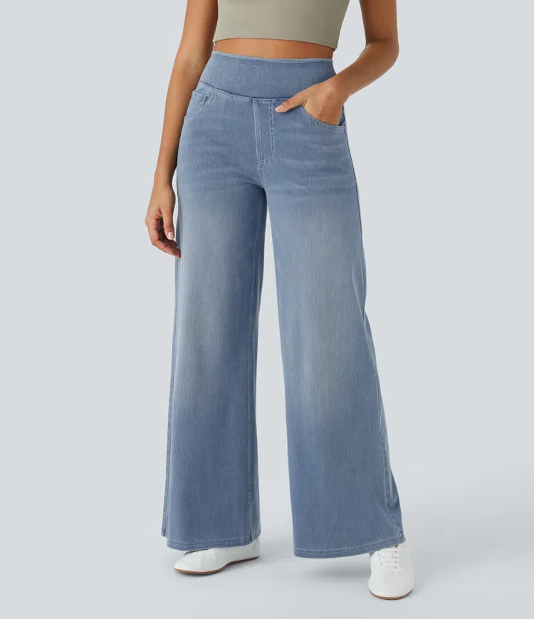 Jean Femme Taille Haute Jambe Large Denim Extensible Coupe Moderne
