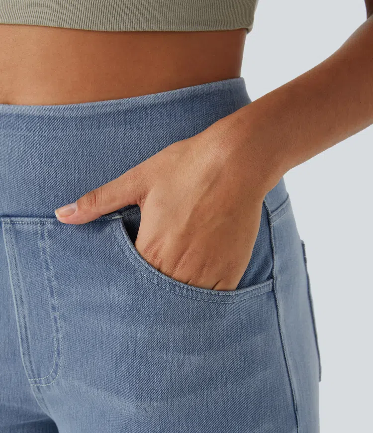 Jean Femme Taille Haute Jambe Large Denim Extensible Coupe Moderne