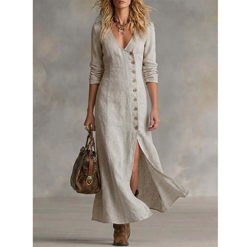 Robe Chemise Vintage Élégante à Manches Longues Midi