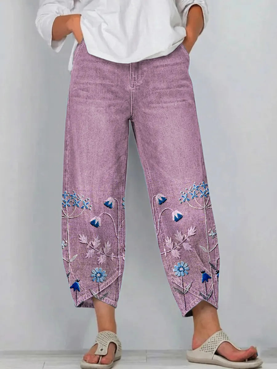 Pantalon Denim Femme Broderies Florales Bas Jambe Coupe Droite Boho