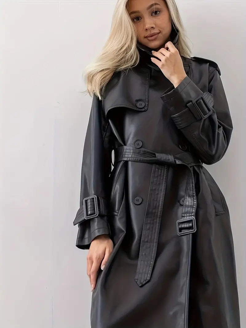Trench-coat Long Femme Effet Cuir Ceinturé Coupe Élégante Mi-Saison