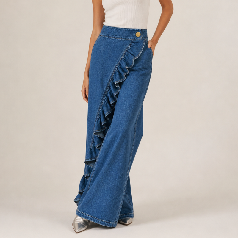 Pantalon Large en Denim pour Femmes avec Volants Asymétriques