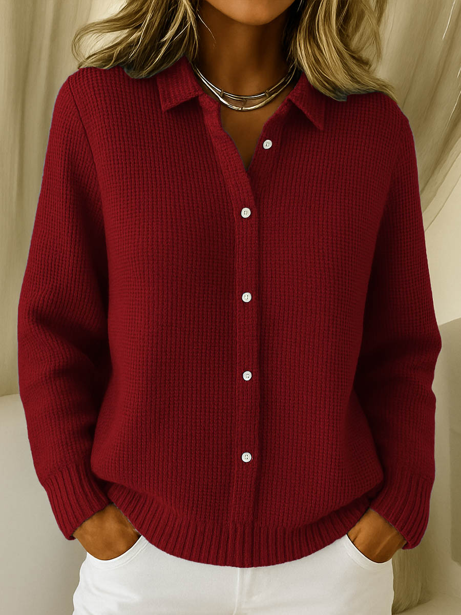Cardigan femme ajusté à col chemise – coton extensible, style chic et confort mi-saison