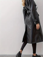 Trench-coat Long Femme Effet Cuir Ceinturé Coupe Élégante Mi-Saison
