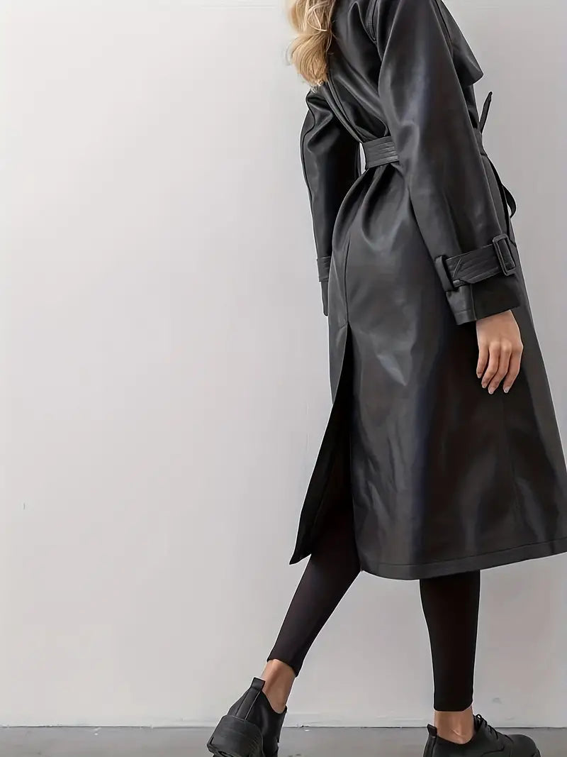Trench-coat Long Femme Effet Cuir Ceinturé Coupe Élégante Mi-Saison