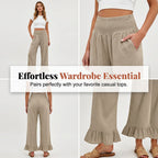 Pantalon Large Femme Taille Smock Coton Lin Volant Bas Boho
