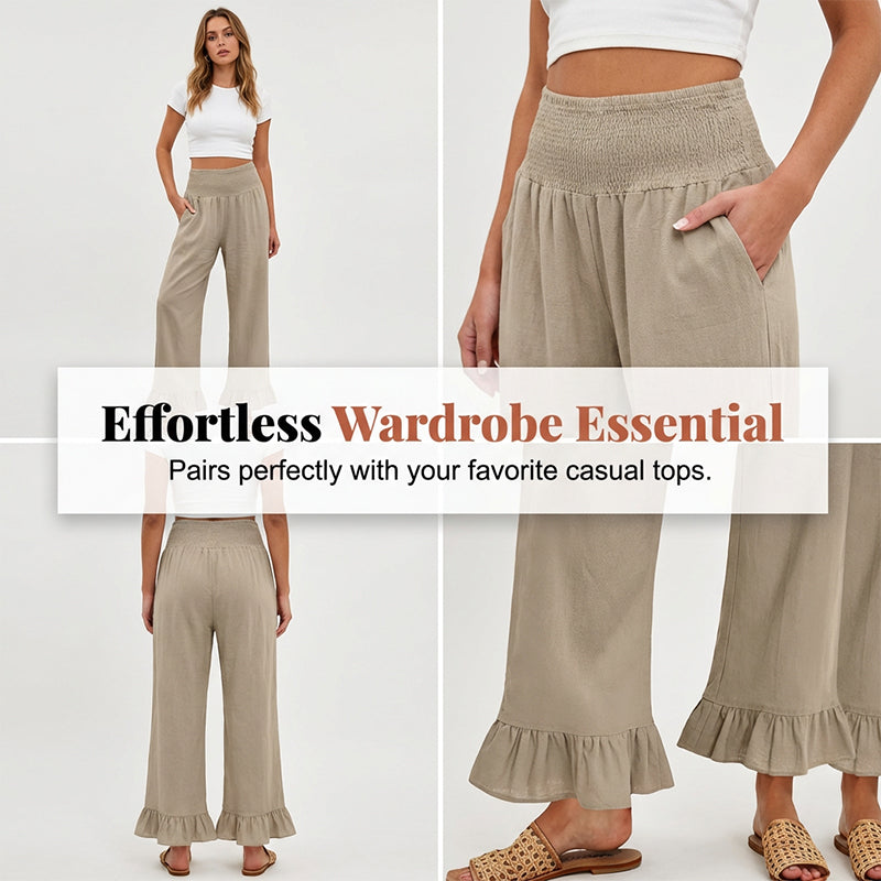 Pantalon Large Femme Taille Smock Coton Lin Volant Bas Boho