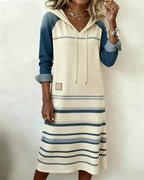 Ceralyn - Robe Décontractée À Capuche Et Motif Rayé Patchwork