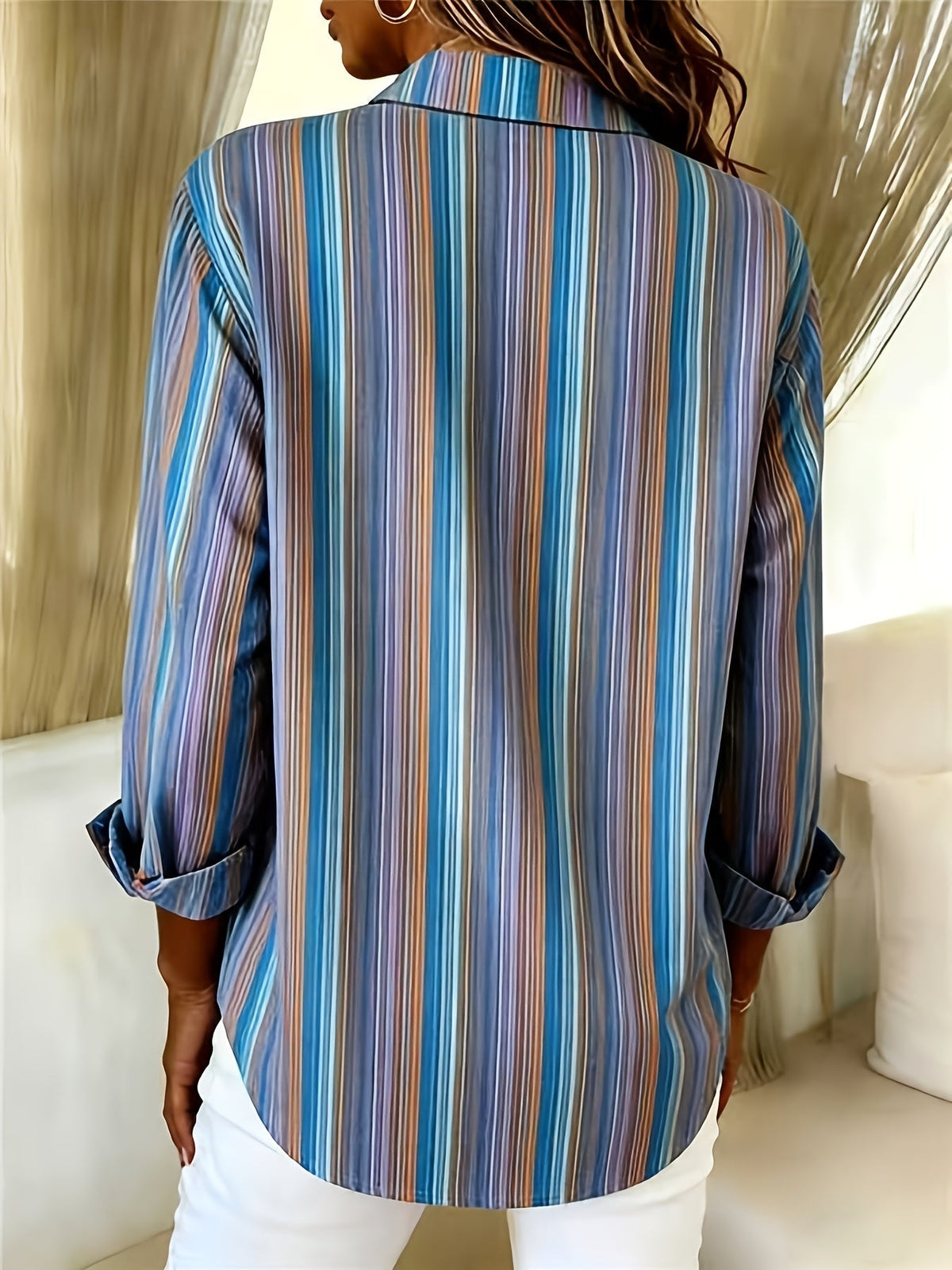 Chemise Femme Rayée Manches Longues Boutonnée Coupe Décontractée