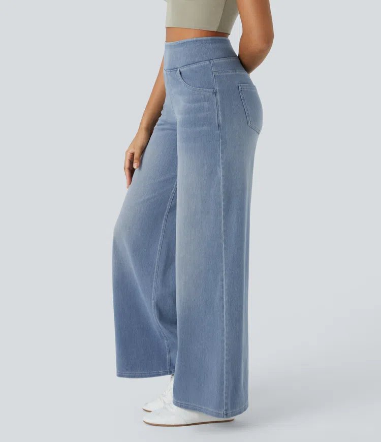 Jean Femme Taille Haute Jambe Large Denim Extensible Coupe Moderne