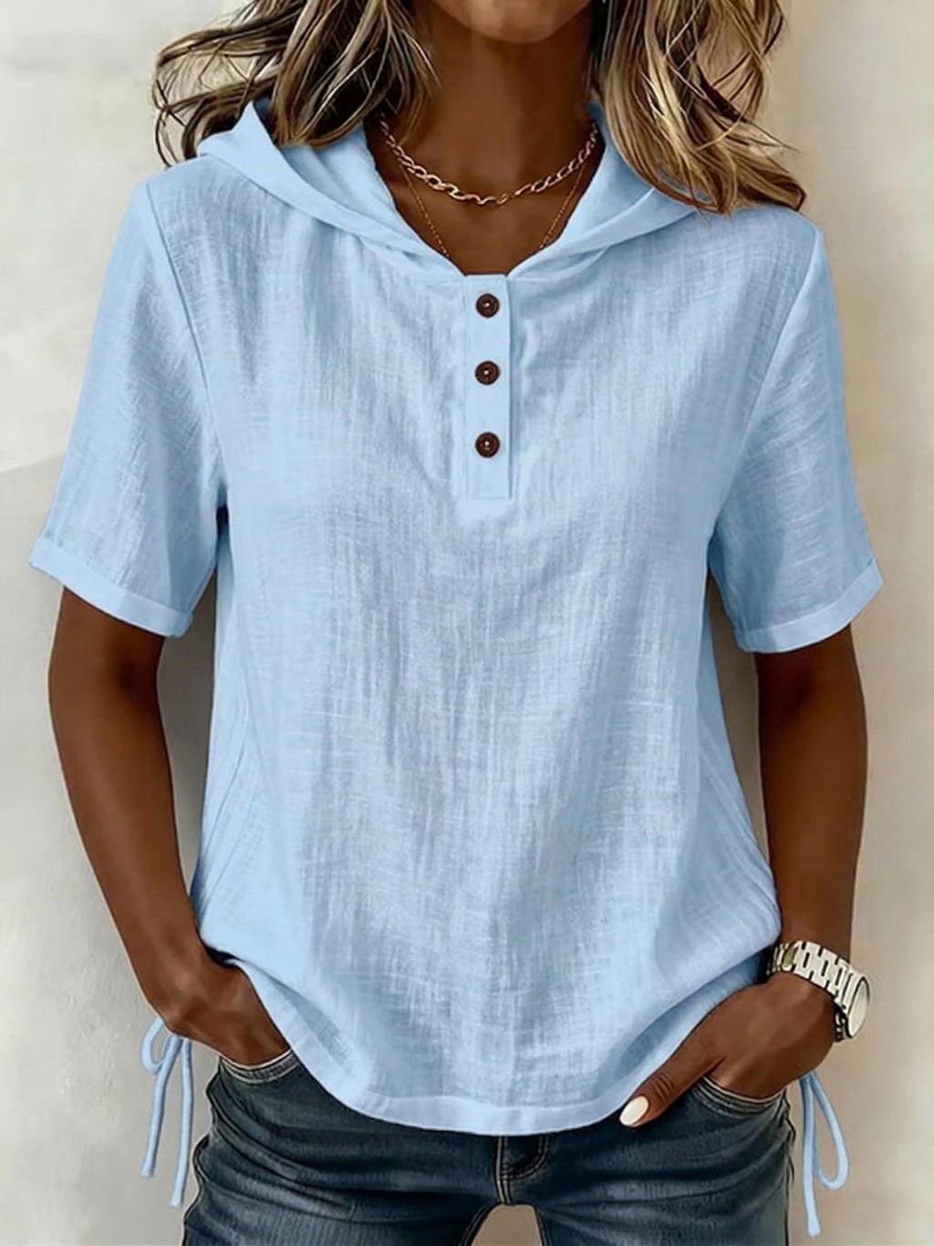 Top Femme Coton Lin Avec Capuche Coupe Ample Décontracté Élégant