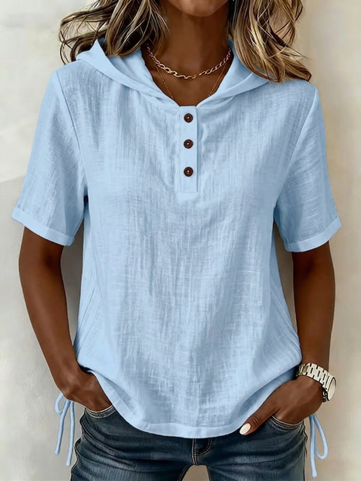 Top Femme Coton Lin Avec Capuche Coupe Ample Décontracté Élégant