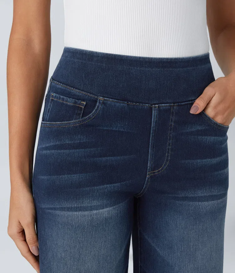 Jean Femme Taille Haute Jambe Large Denim Extensible Coupe Moderne