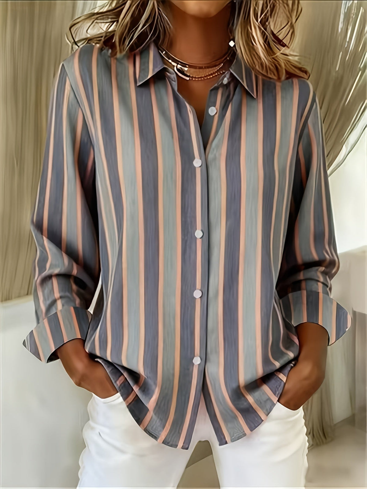 Chemise Femme Rayée Manches Longues Boutonnée Coupe Décontractée