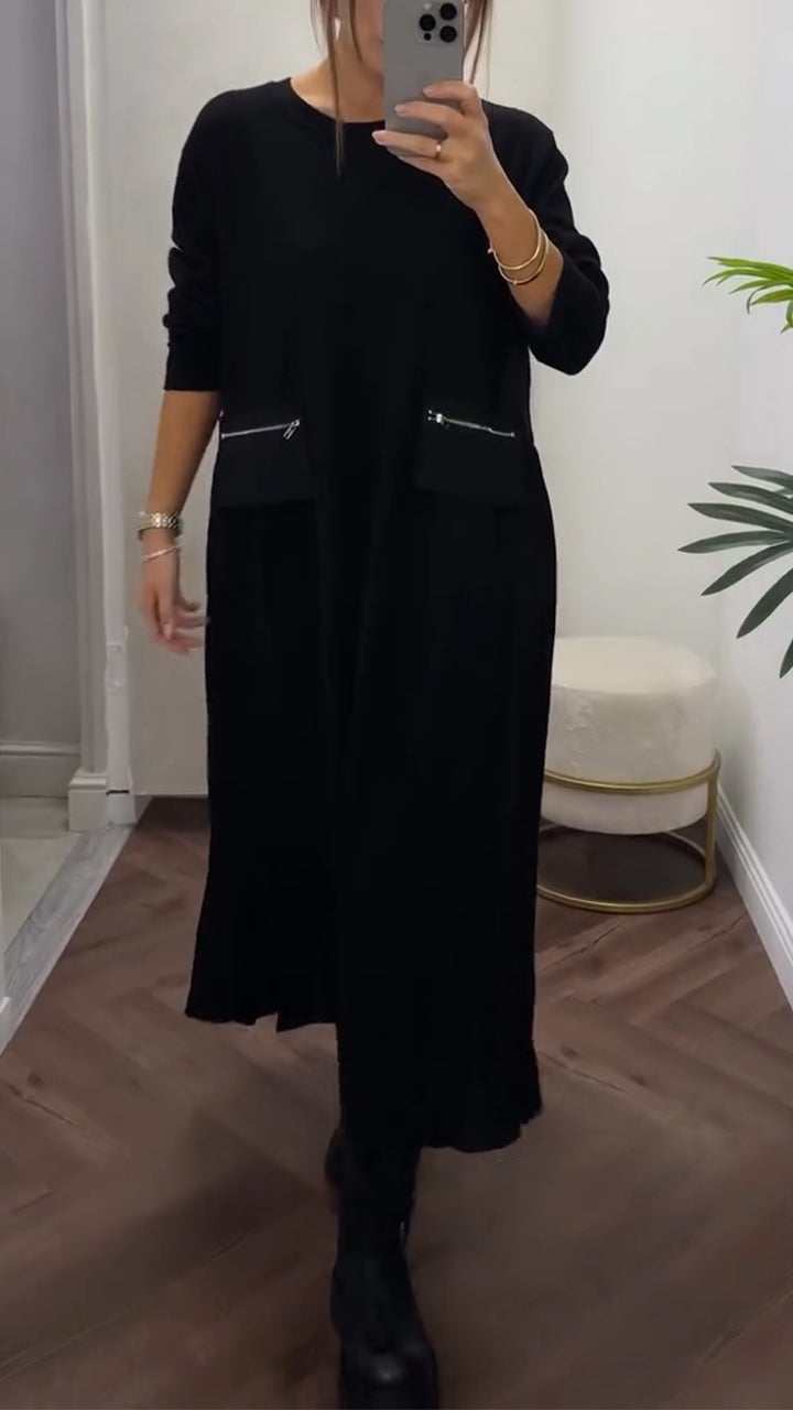 Robe Femme Plissée Col Rond Coupe Fluide Tissu Confortable Avec Poches Quotidien