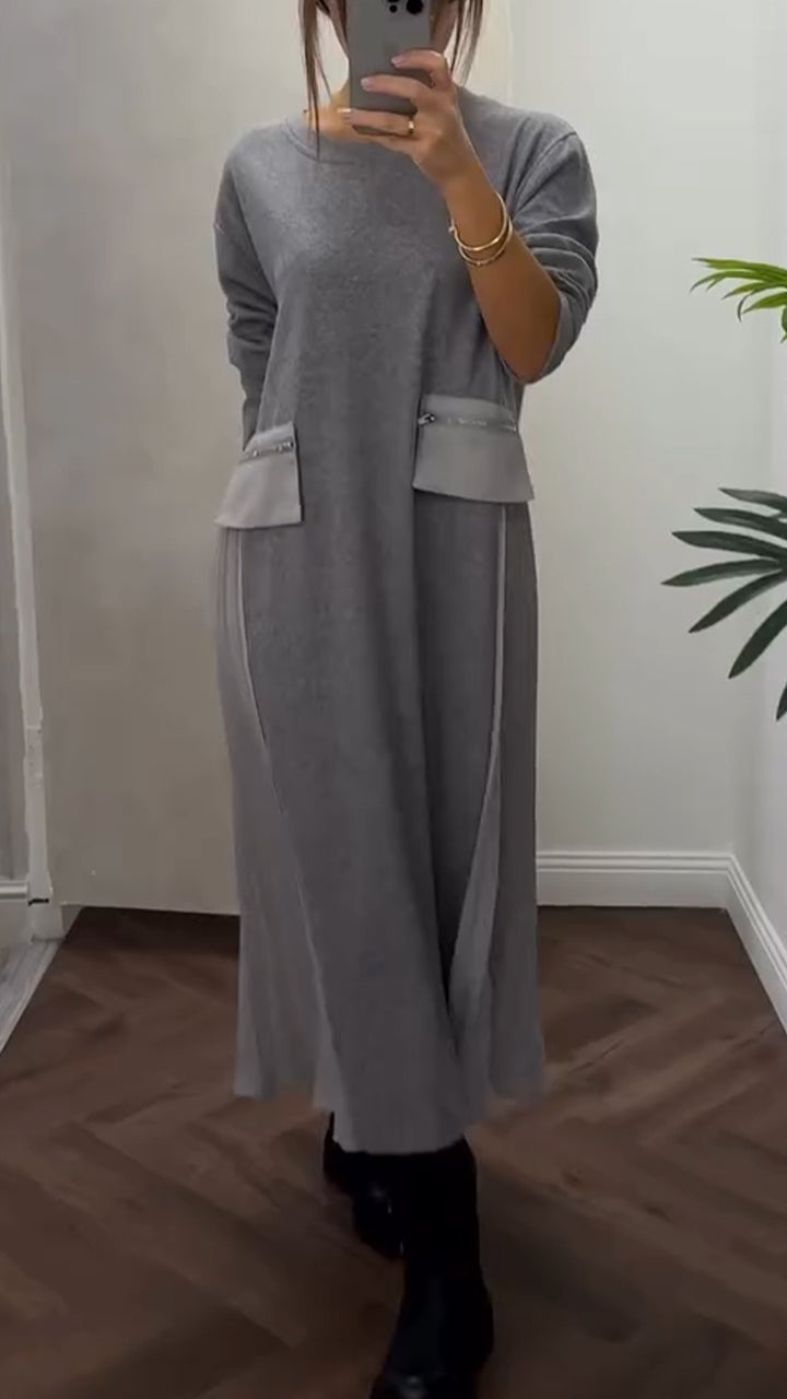 Robe Femme Plissée Col Rond Coupe Fluide Tissu Confortable Avec Poches Quotidien