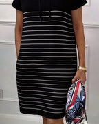 Robe Femme Décontractée à Capuche Rayée Manches Courtes Coupe Droite