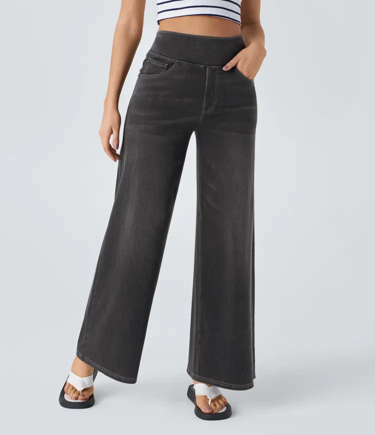 Jean Femme Taille Haute Jambe Large Denim Extensible Coupe Moderne