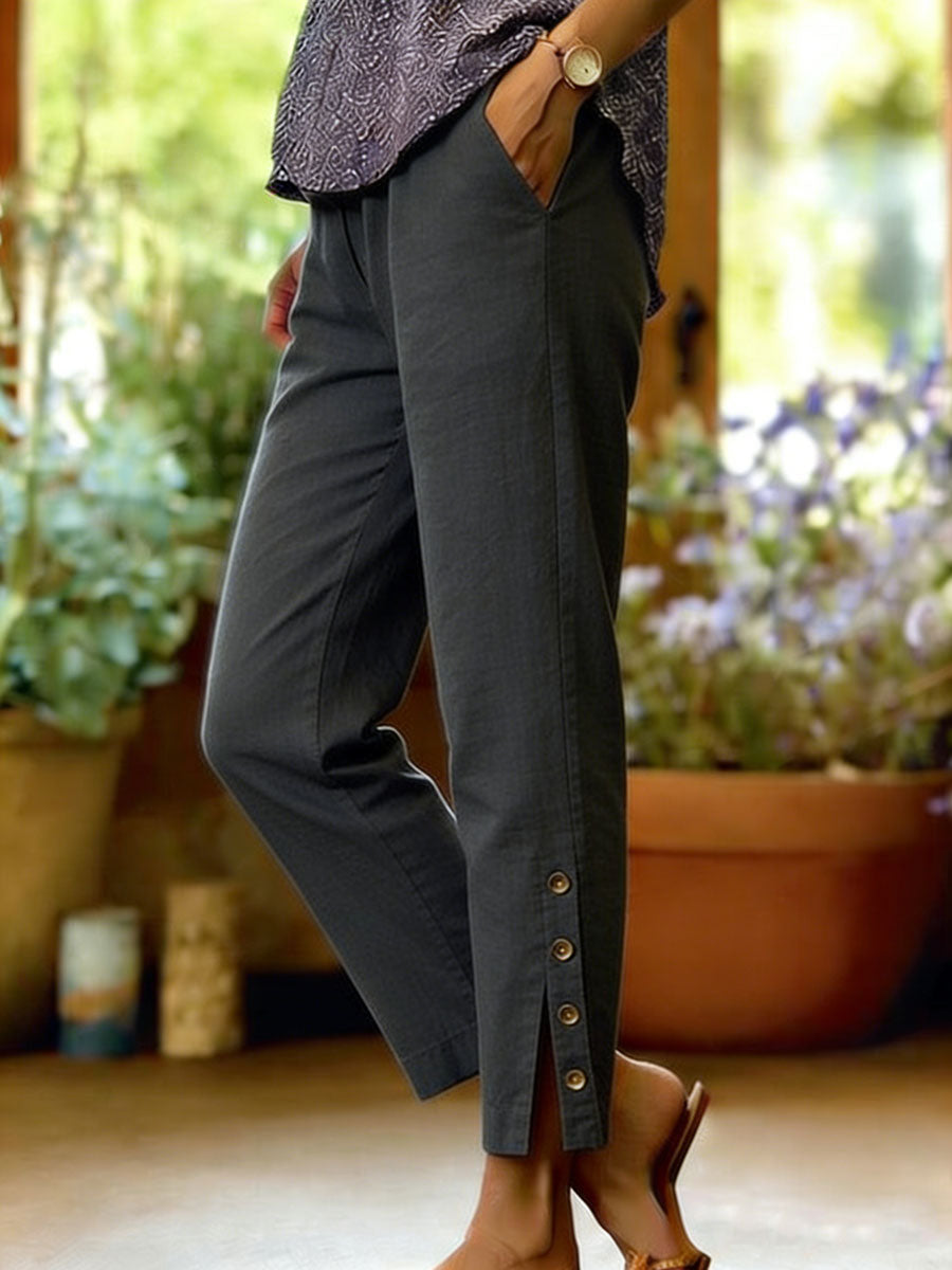 Pantalon Femme Coton Lin Coupe Décontractée Fente Boutonnée Élégante