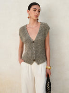 Gilet Femme Tricoté Sans Manches Fermeture Boutonnée Coupe Courte