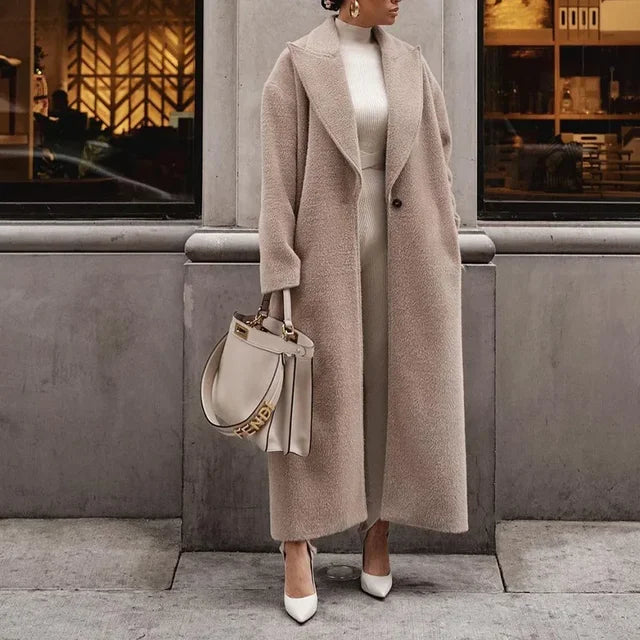 Manteau Long Femme Élégant Coupe Droite Aspect Laine Usage Quotidien
