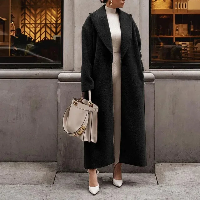 Manteau Long Femme Élégant Coupe Droite Aspect Laine Usage Quotidien
