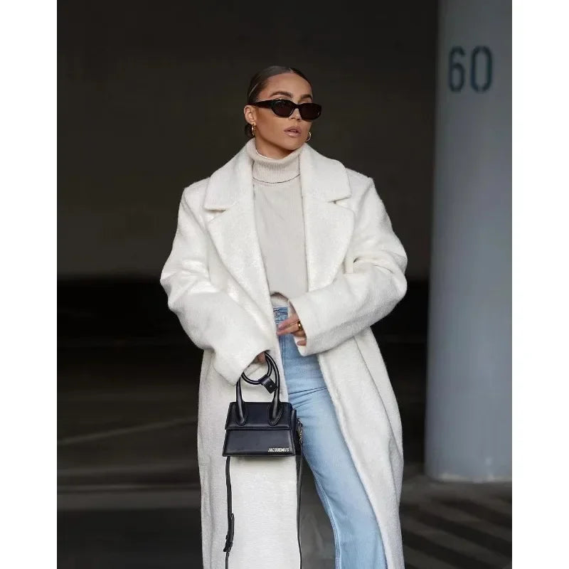 Manteau Long Femme Élégant Coupe Droite Aspect Laine Usage Quotidien